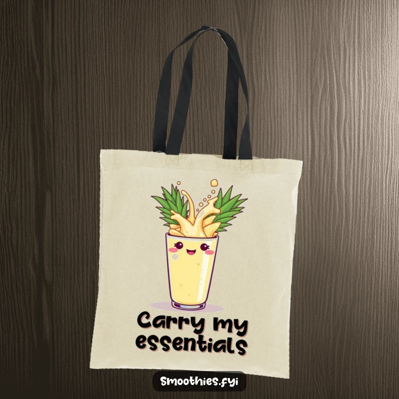 Funny pineapple smoothie splashing into a cup on a tote bag, depicting an energetic and fun moment. A perfect funny gift.