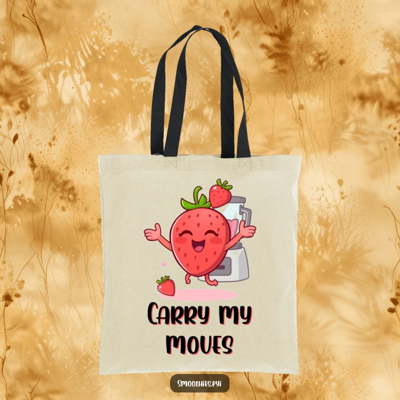 Funny strawberry doing a happy dance with a blender in the background on a tote bag, great for carrying items with flair.