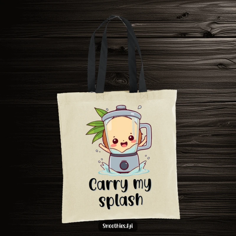 Funny playful coconut character gleefully splashing into a blender, making this tote bag a celebration of tropical fun.