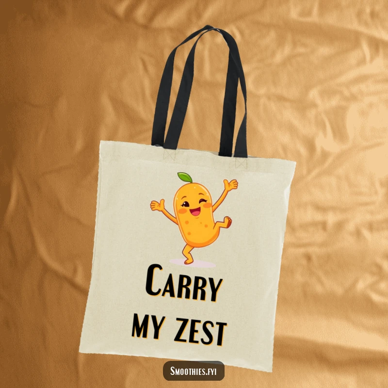 Funny tote bag showcasing a cheerful anthropomorphic orange smoothie doing cartwheels with a wink, perfect for carrying daily joy.
