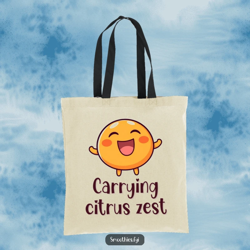 Funny tote bag with a round, happy orange character laughing heartily, perfect for carrying items with a dose of contagious humor.