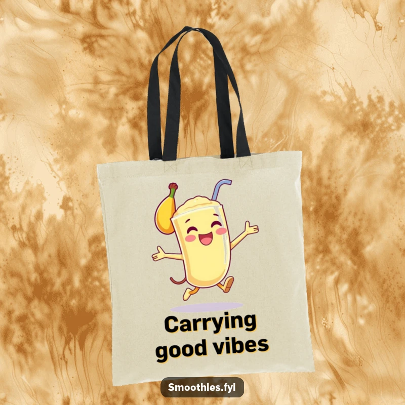 Funny tote bag showcasing a happy anthropomorphic banana smoothie mid-leap, perfect for carrying daily necessities with a bounce.
