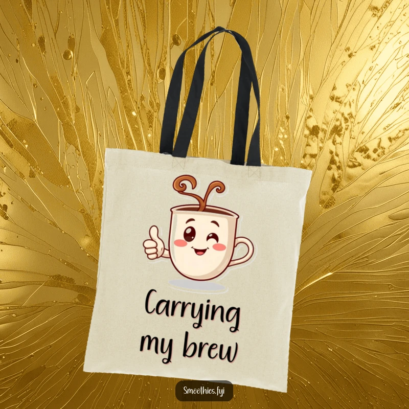 Funny tote bag with a steaming coffee cup character giving a thumbs up, perfect for carrying items with a dose of caffeine-fueled approval.