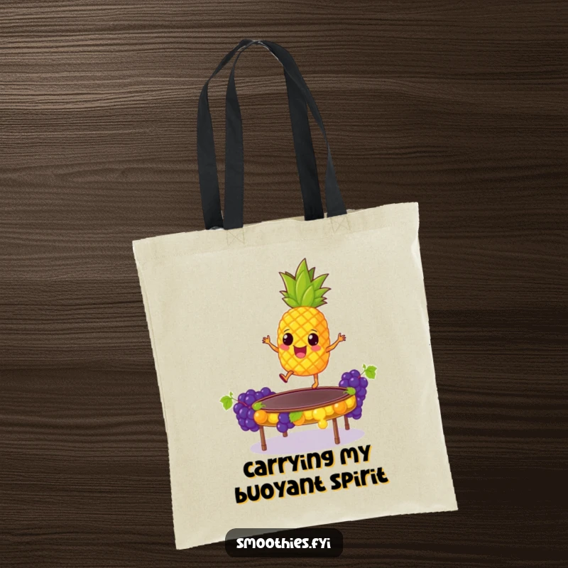 Funny Tote Bag: A giddy pineapple joyfully bounces on a trampoline made of grapes, perfect for carrying groceries with a side of fruity hilarity.