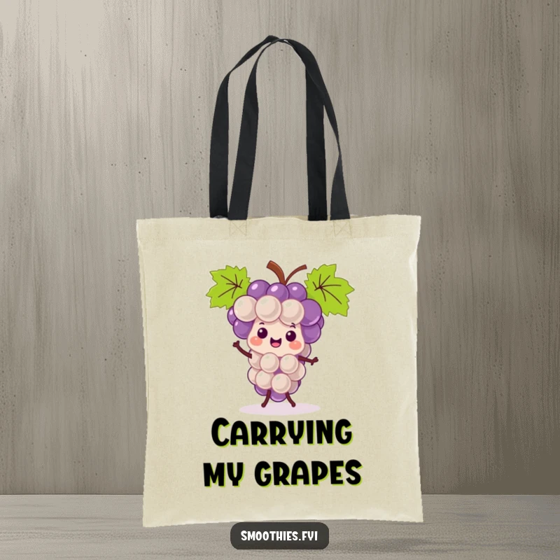 Funny kawaii grape bunch tote bag, joyfully jigging with a smile, a practical and humorous accessory.