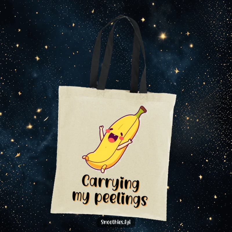 Funny tote bag showing a thrilled banana character performing a playful somersault, ideal for carrying everyday items.
