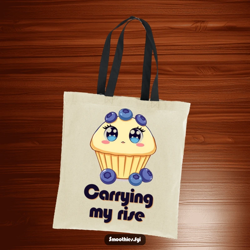 Funny Blueberry Muffin Tote Bag showing a surprised muffin, eyes wide open, floating upwards, great for shopping.