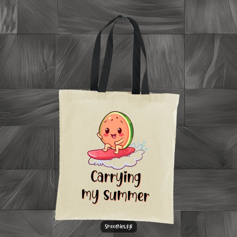 Funny tote bag showcasing a cheerful watermelon slice surfing on a jelly wave, a practical and amusing accessory for beachgoers.
