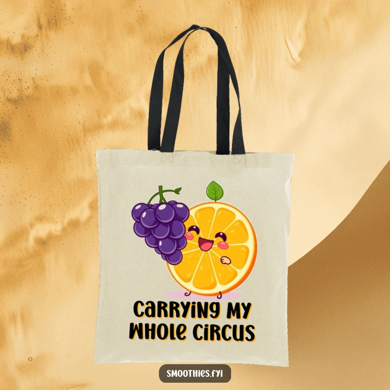 Funny Kawaii Orange Slice Tote Bag showing a character juggling grapes with a grin. Practical and humorously delightful.