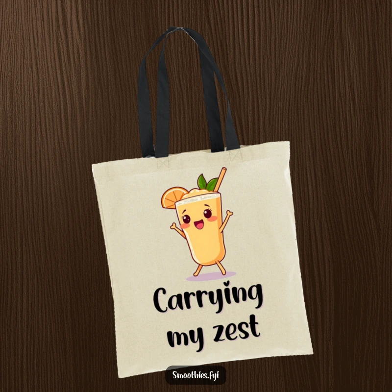 Funny grapefruit smoothie tote bag with a beaming character doing a delightful shimmy, great for shopping.
