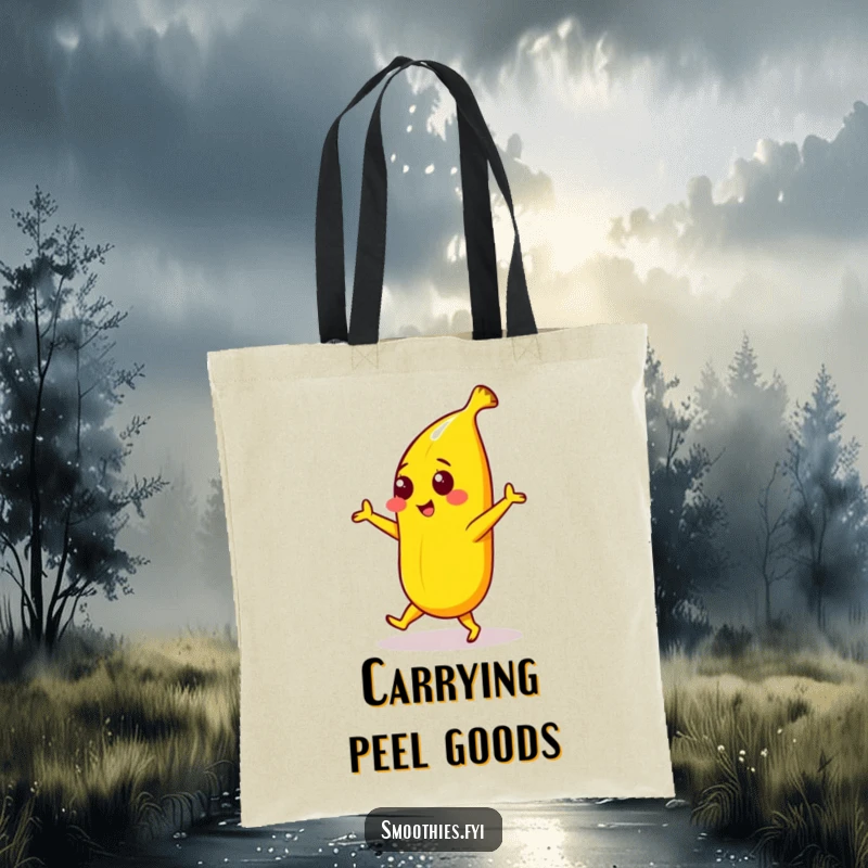 Funny tote bag with a yellow banana character in a playful dance, perfect for carrying items with a dose of fun and humor.