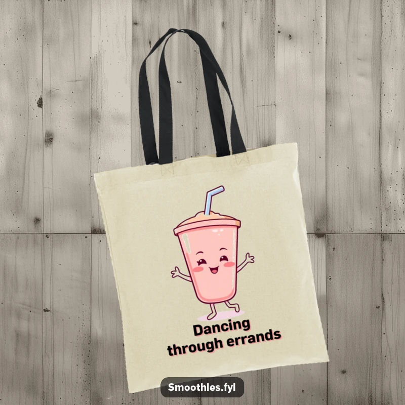 Funny smoothie tote bag with a cheerful, smiling smoothie cup doing a playful dance with its straw, symbolizing healthy fun and energy.