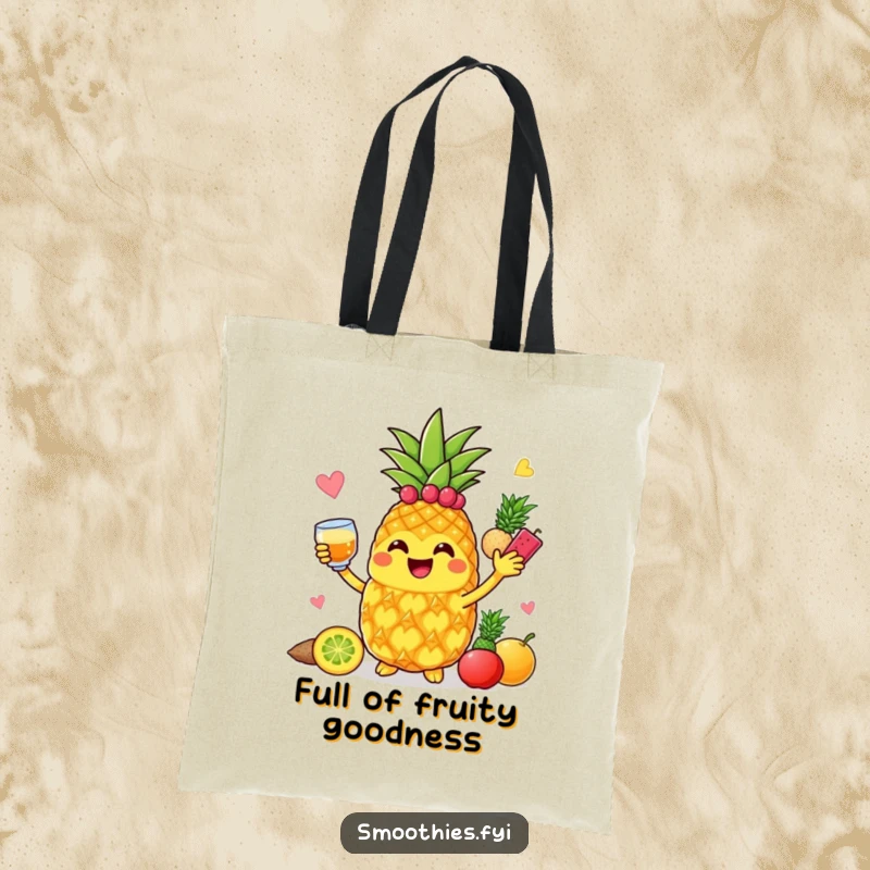 Funny jolly pineapple character enthusiastically blending colorful fruits, on a stylish tote bag.
