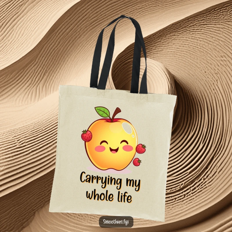 Funny tote bag showcasing a smiling apple in the act of juggling three tiny floating berries, a practical and humorous accessory.
