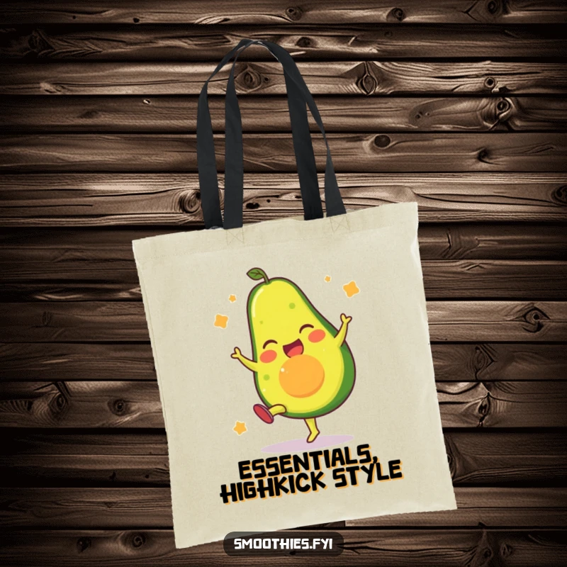 Funny tote bag showing a gleeful avocado character performing a dynamic high kick, ideal for carrying essentials.