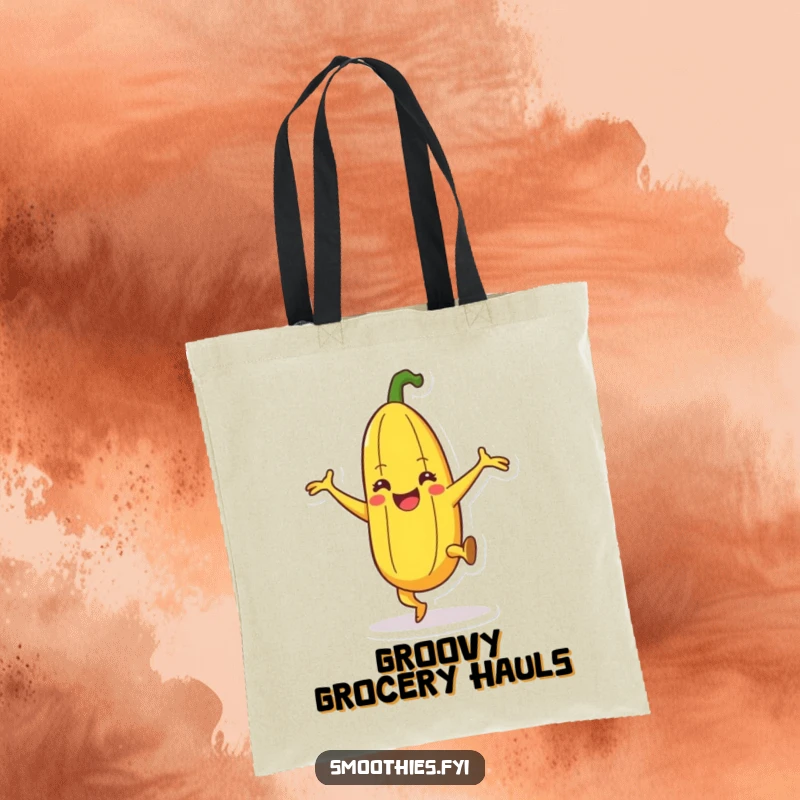 Funny happy banana character tote bag doing a silly dance with leg kicks, practical and funny fruit accessory.
