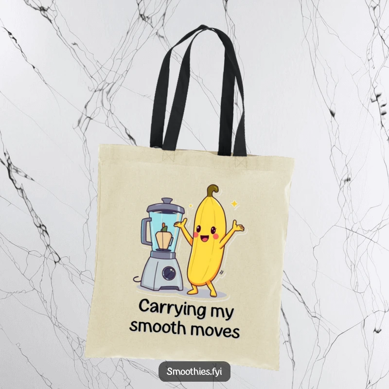 Funny banana character doing a dramatic disco pose beside a blender, on a stylish tote bag.