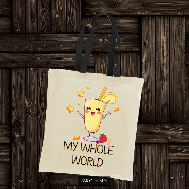 Funny banana smoothie juggling various fruits on a tote bag, showcasing a delightful and skillful act. A perfect funny gift.