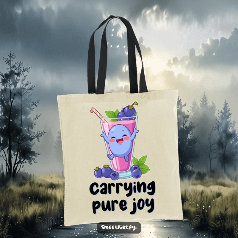 Funny plump blueberry character leaping into a giant smoothie glass, on a stylish tote bag.