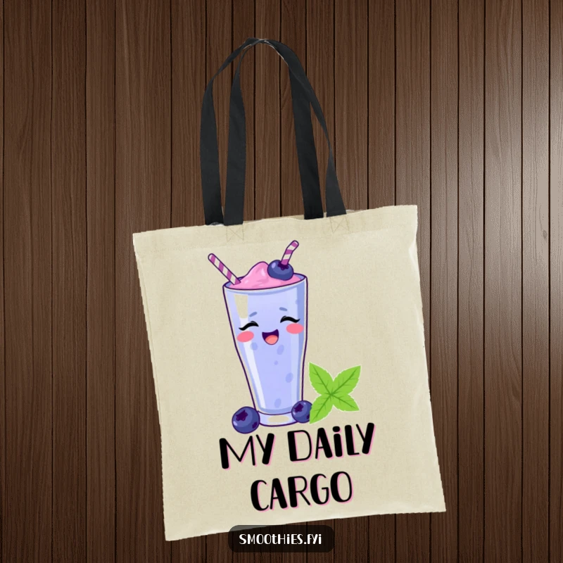 Funny blueberry smoothie sliding down a straw on a tote bag, depicting a fun and carefree moment. A perfect funny gift.