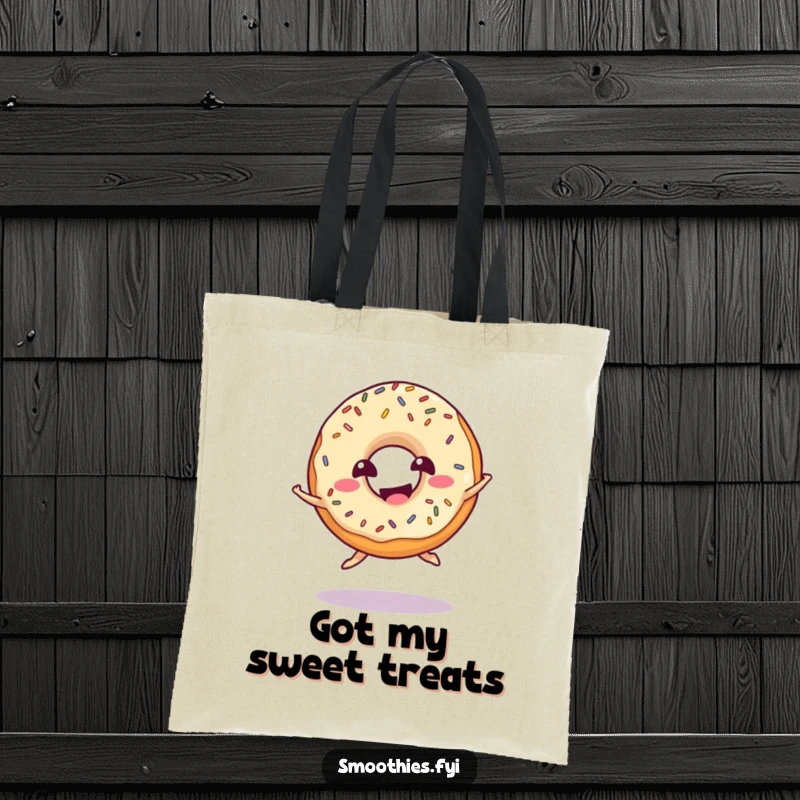 Funny donut tote bag with sprinkles doing a playful jump and giggling, perfect for carrying daily items.