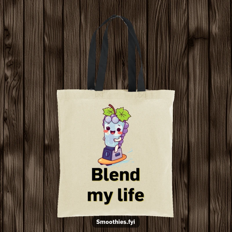 Funny giggling grape bunch character riding a tiny blender surfboard, packed with personality on this tote bag.