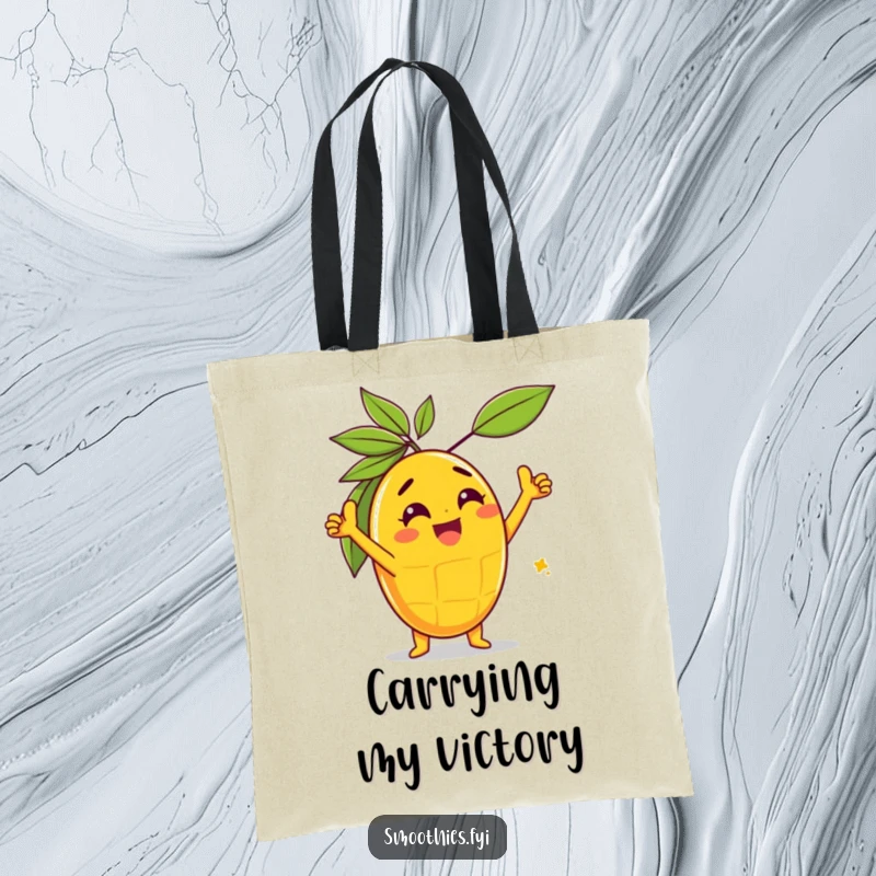 Funny gleeful mango character performing a triumphant pose on a durable tote bag, perfect for carrying wins.