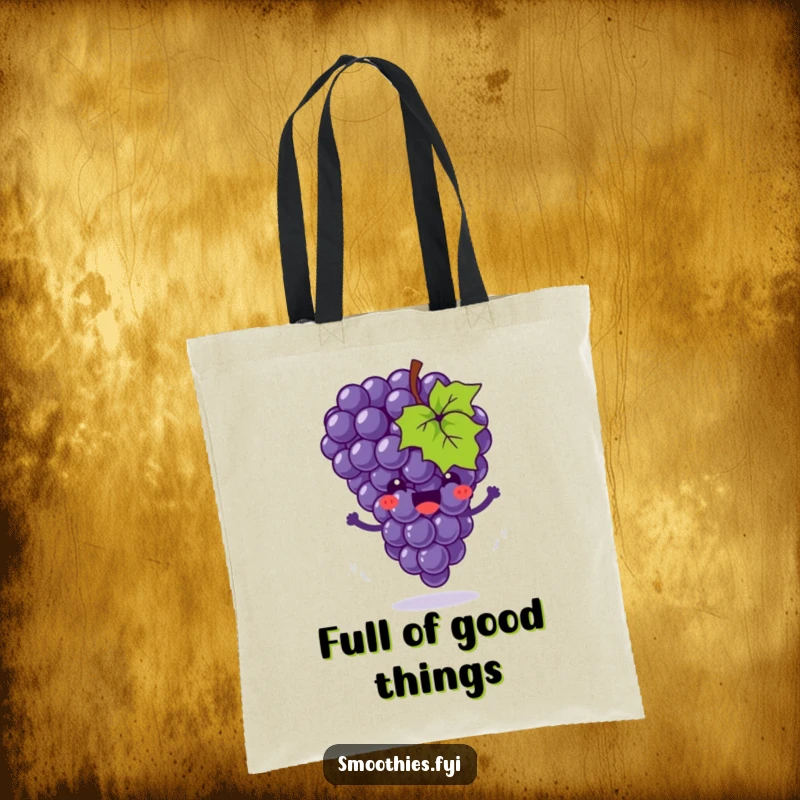 Funny tote bag showcasing a joyful grape cluster bouncing with little motion swirls, a practical and amusing accessory.