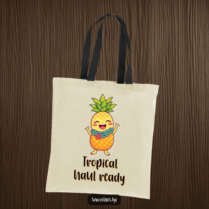 Funny laughing pineapple character tote bag with lei doing the hula, practical and funny tropical accessory.