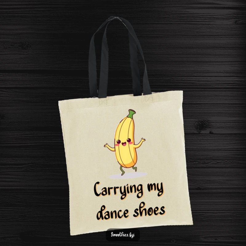 Funny Kawaii Banana Peel Tote Bag depicting a silly character dancing with wobbly legs. Practical and humorous.
