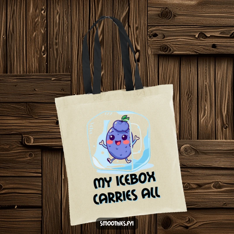 Funny Kawaii Blueberry Tote Bag depicting a character hopping in an ice cube. Practical and refreshingly funny.