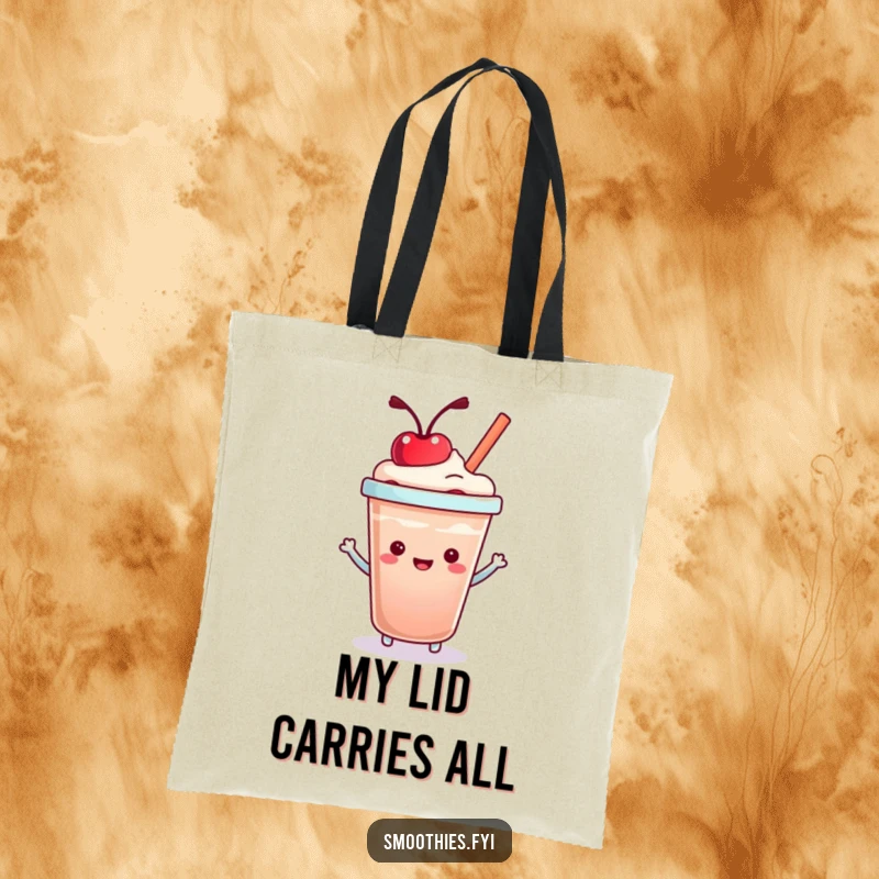 Funny Kawaii Smoothie Cup Tote Bag depicting a delighted cup mid-bounce with a cherry, perfect for errands and smiles.