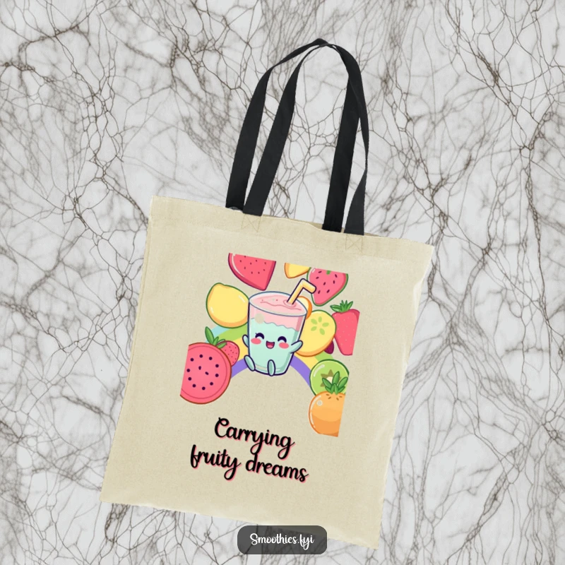 Funny Tote Bag: A giggling Kawaii smoothie slides down a fruit rainbow, ready for colorful adventures.