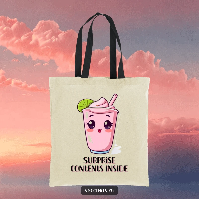 Funny tote bag with a surprised kawaii smoothie character, wide-eyed and popping from a cup, ideal for humorous, energetic carrying.