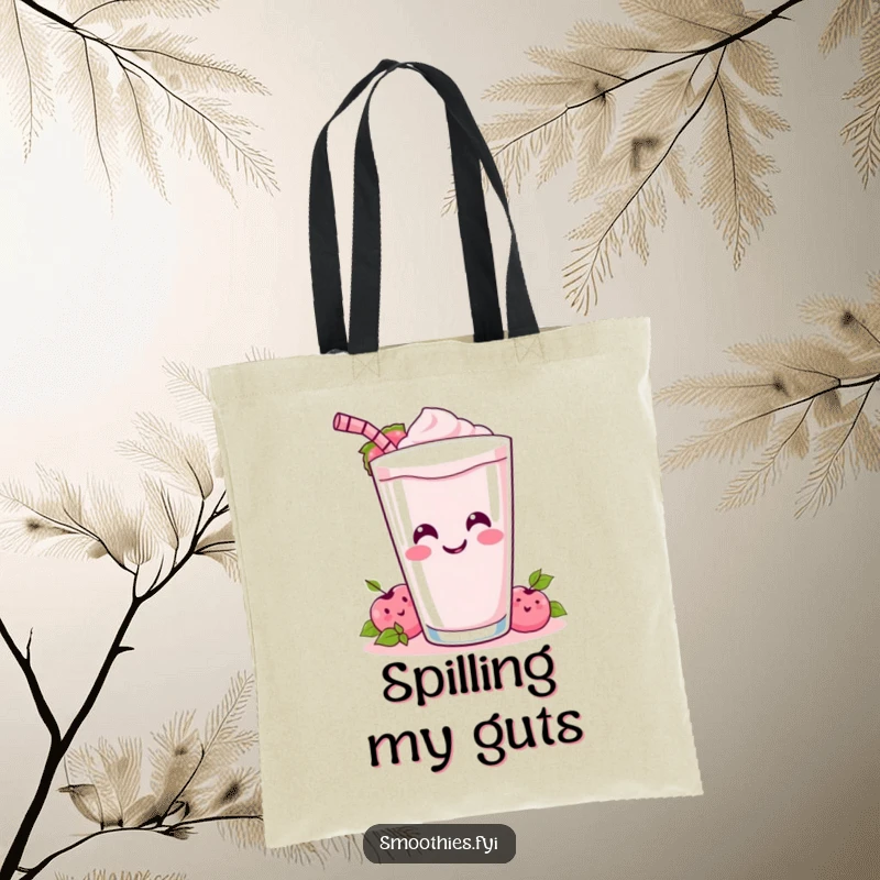 Funny Tote Bag: A cheerful Kawaii smoothie spills its drink, ready to carry your goods with a smile.