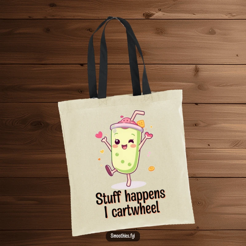 Funny Kawaii smoothie tote bag, character performing a cartwheel with a splash of flavor, functional and humorous.