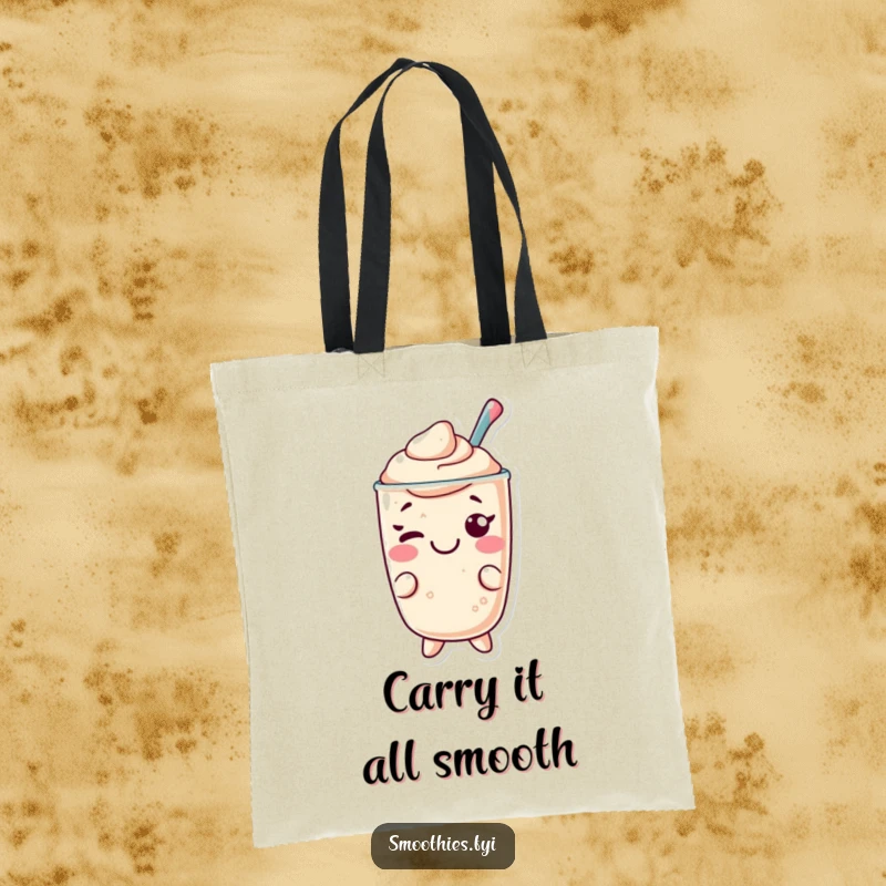 Funny Kawaii smoothie tote bag, cheerful character giving a playful wink, a charming and functional accessory.
