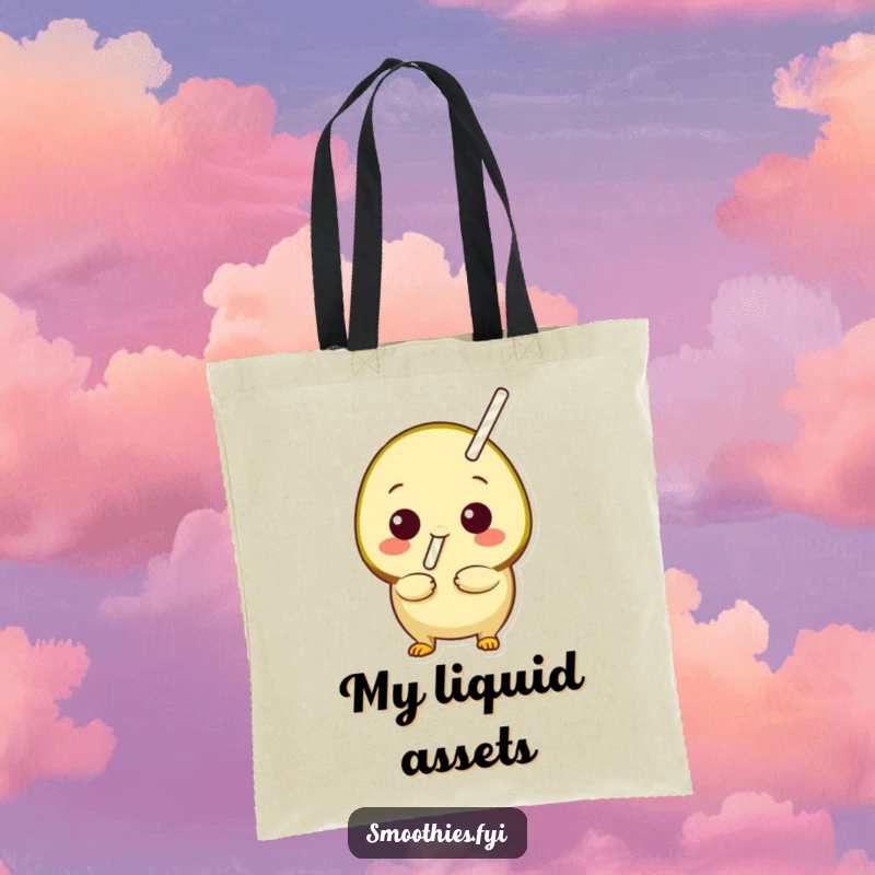 Funny playful kiwi with a straw ready to sip on a tote bag, ideal for carrying items with a fun and thirst-quenching flair.