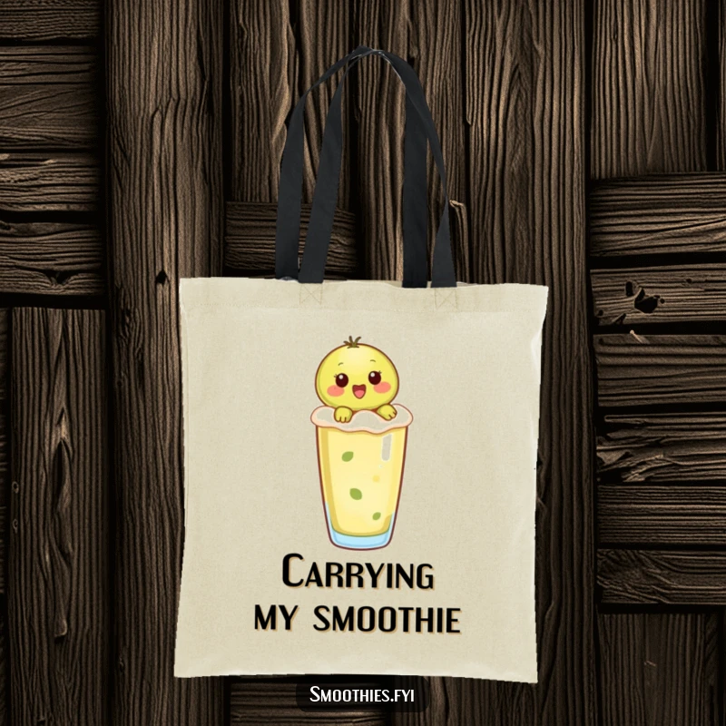 Funny kiwi character joyfully riding a frothy smoothie, printed on a sturdy and stylish tote bag.