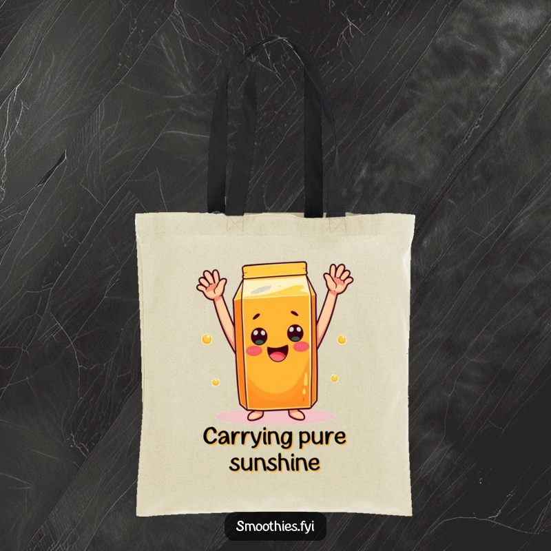 Funny orange juice carton tote bag with arms raised in a celebratory pose, perfect for carrying daily items with joy.