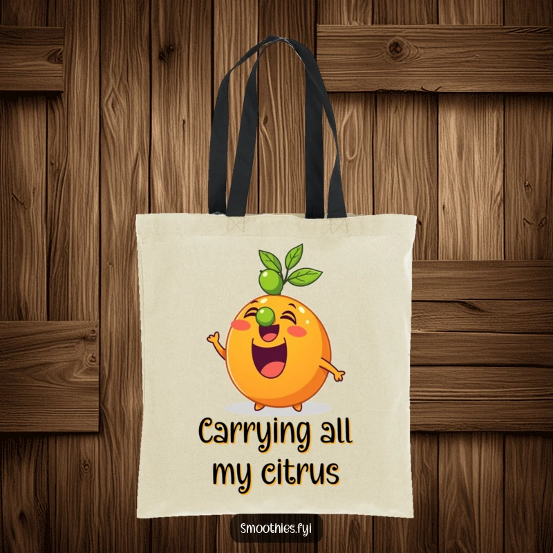 Funny tote bag with an excited orange character demonstrating amazing balance by holding a lime on its nose.