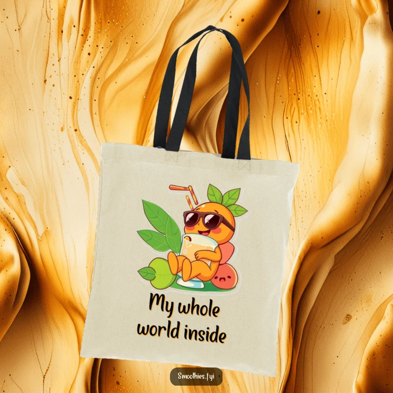 Funny orange character with sunglasses relaxing in a smoothie, showcased on a durable tote bag, a humorous and practical accessory.