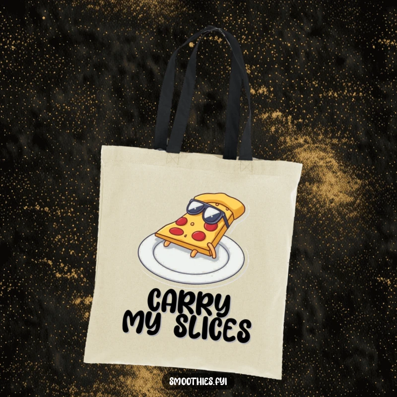 Funny pizza slice with sunglasses doing a cool slide across a plate, a humorous and durable tote bag.
