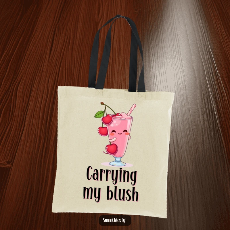 Funny shy cherry character blushing as it pours into a smoothie glass, making this tote bag adorably sweet.