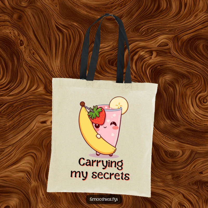 Funny shy smoothie tote bag with a strawberry smoothie peeking adorably from behind a banana slice, symbolizing sweet modesty and charm.
