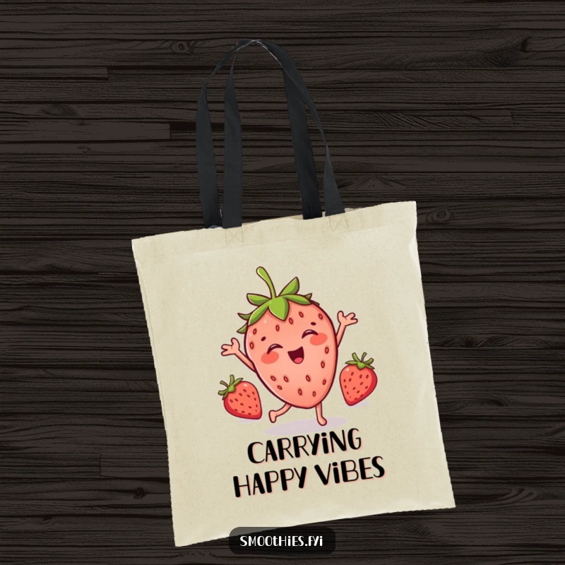 Funny tote bag depicting a happy strawberry character performing an exaggerated, silly dance move with vibrant colors.