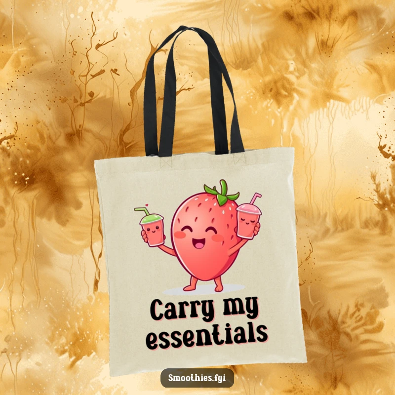 Funny Strawberry character juggling three tiny smiling smoothie cups, printed on a practical and funny tote bag.