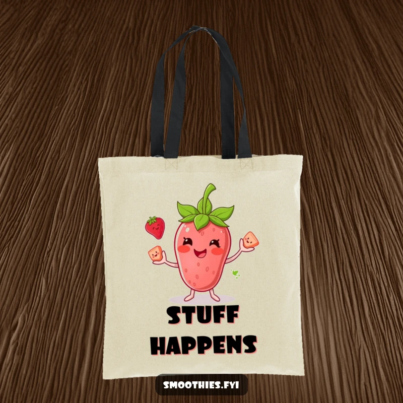 Funny tote bag showcasing a smiling anthropomorphic strawberry smoothie juggling fruit, perfect for carrying groceries or a smile.