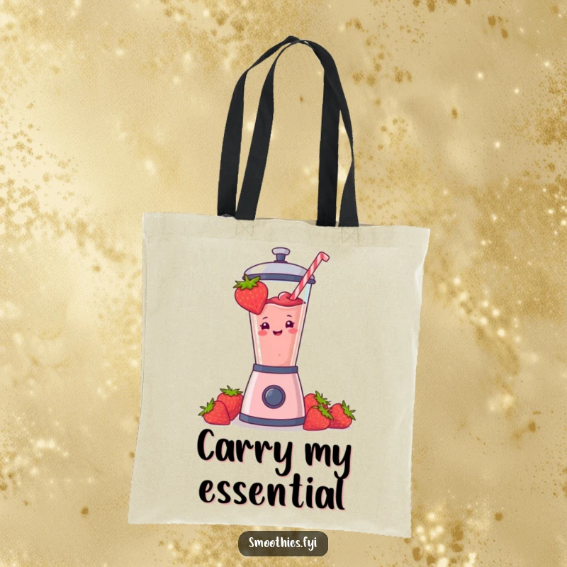 Funny strawberry smoothie jetting out of a blender featured on a tote bag, perfect for shopping. A humorous and functional gift.