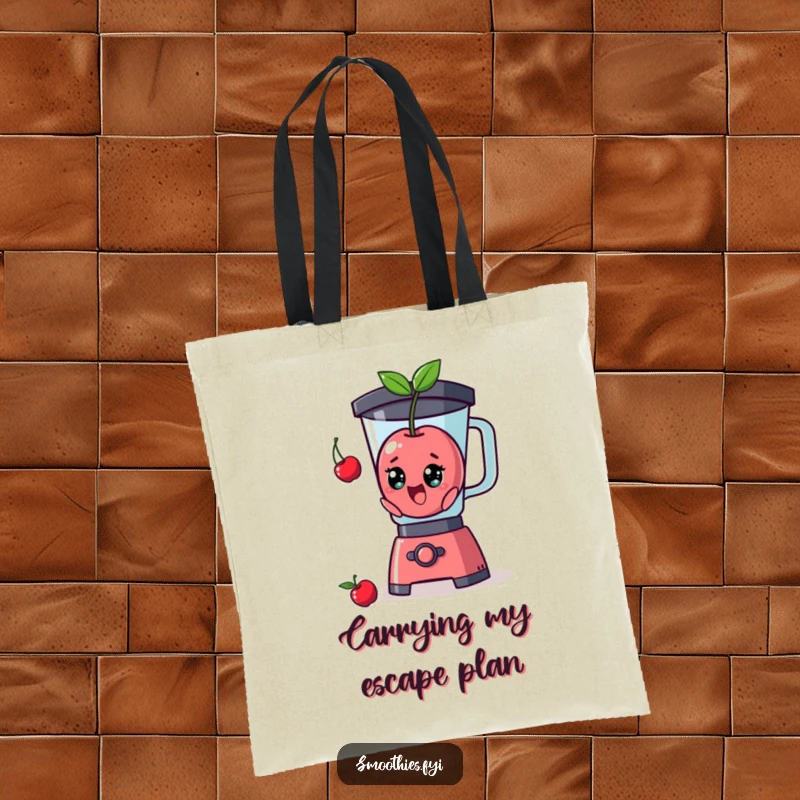 Funny cherry character comically escaping a blender, printed on a durable tote bag, perfect for humorous shoppers.